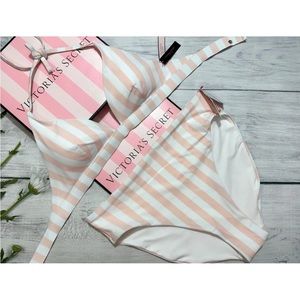 Victoria's Secret Swim Suit Halter Top High Waist Bottom Set Pink Stripes L-XL